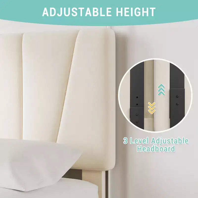 Twin Bed Frame with Adjustable Headboard & 2 Drawers - Velvet Tufted Platform, Wood Slats, No Box Spring, Beige/Cream