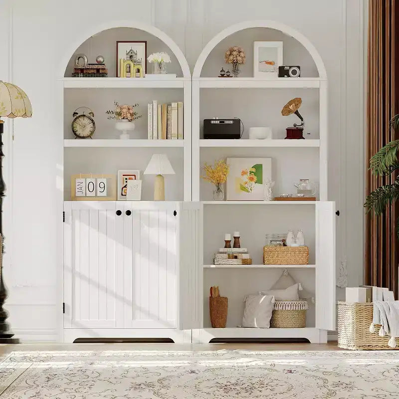 71.65'' Tall Arched 5-Tier Bookcase Cabinet with Double Doors & Adjustable Shelf, Modern Wooden Storage for Living Room, Bedroom, Home Office