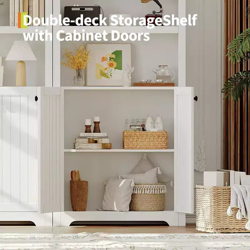 71.65'' Tall Arched 5-Tier Bookcase Cabinet with Double Doors & Adjustable Shelf, Modern Wooden Storage for Living Room, Bedroom, Home Office