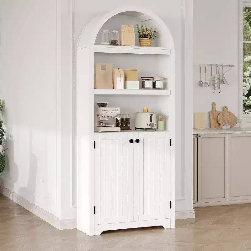 71.65'' Tall Arched 5-Tier Bookcase Cabinet with Double Doors & Adjustable Shelf, Modern Wooden Storage for Living Room, Bedroom, Home Office