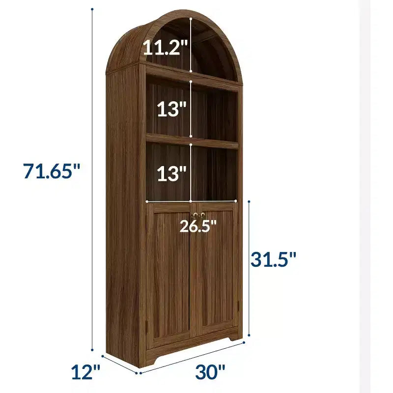 71.65'' Tall Arched 5-Tier Bookcase Cabinet with Double Doors & Adjustable Shelf, Modern Wooden Storage for Living Room, Bedroom, Home Office
