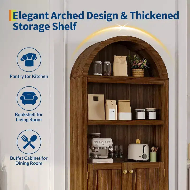 71.65'' Tall Arched 5-Tier Bookcase Cabinet with Double Doors & Adjustable Shelf, Modern Wooden Storage for Living Room, Bedroom, Home Office