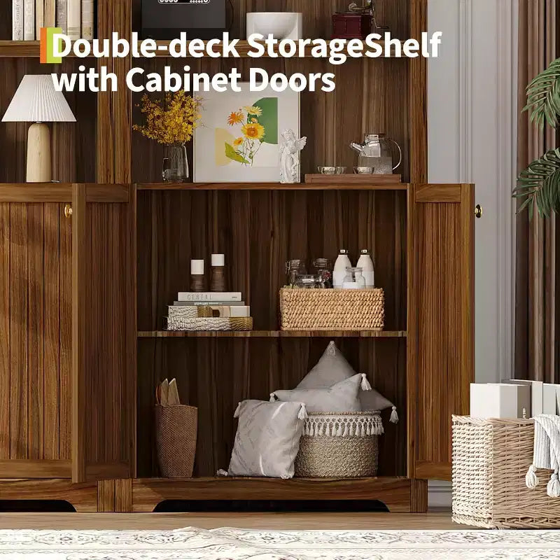71.65'' Tall Arched 5-Tier Bookcase Cabinet with Double Doors & Adjustable Shelf, Modern Wooden Storage for Living Room, Bedroom, Home Office