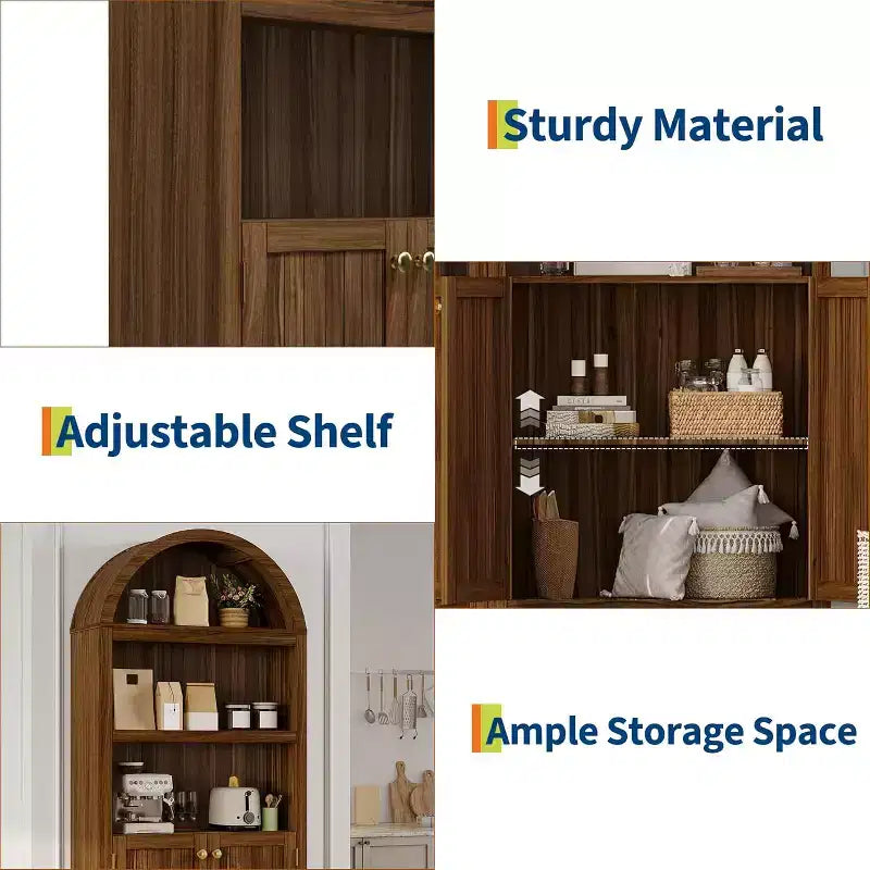 71.65'' Tall Arched 5-Tier Bookcase Cabinet with Double Doors & Adjustable Shelf, Modern Wooden Storage for Living Room, Bedroom, Home Office