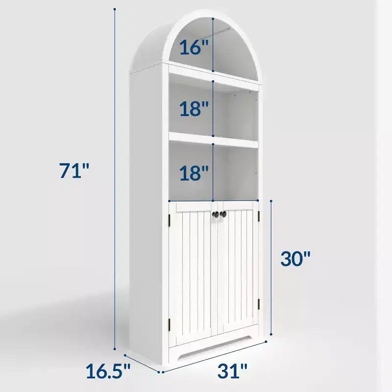 71.65'' Tall Arched 5-Tier Bookcase Cabinet with Double Doors & Adjustable Shelf, Modern Wooden Storage for Living Room, Bedroom, Home Office