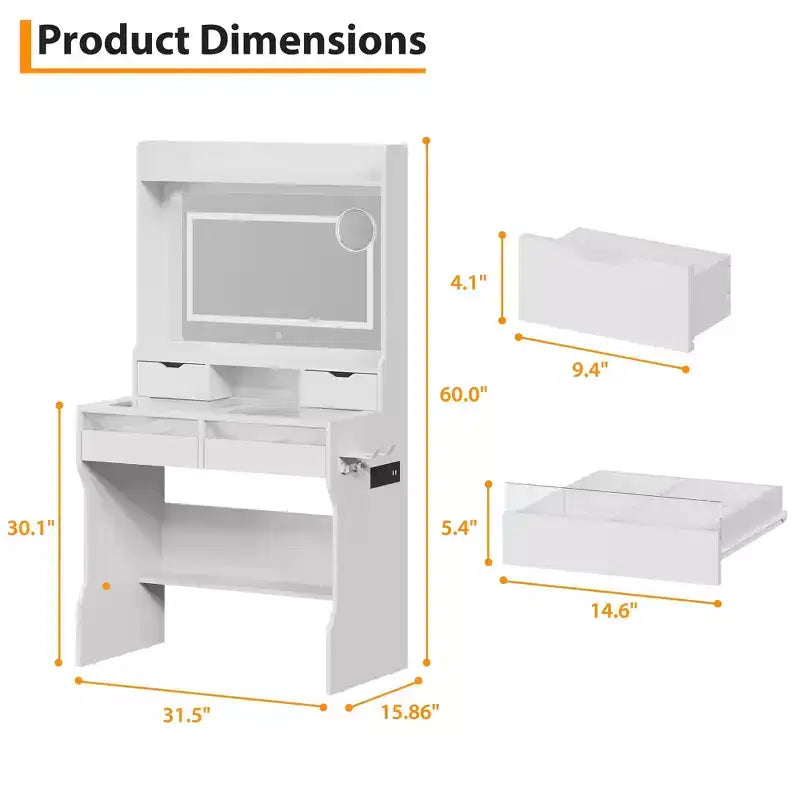 Dresser with Mirror Wooden Dresser - White Modern Vanity with LED Mirror, Power Outlet, 3 Lighting Modes, 4 Storage Drawers for Bedroom