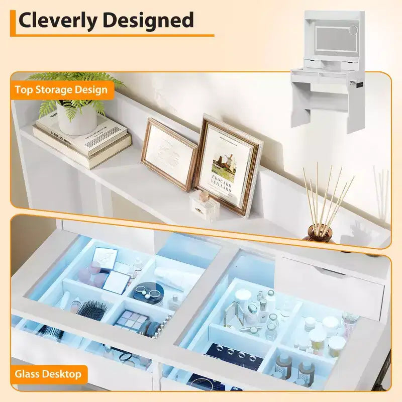 Dresser with Mirror Wooden Dresser - White Modern Vanity with LED Mirror, Power Outlet, 3 Lighting Modes, 4 Storage Drawers for Bedroom