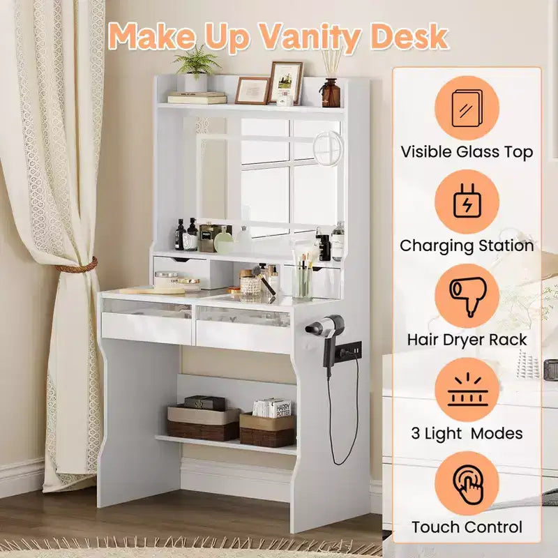 Dresser with Mirror Wooden Dresser - White Modern Vanity with LED Mirror, Power Outlet, 3 Lighting Modes, 4 Storage Drawers for Bedroom