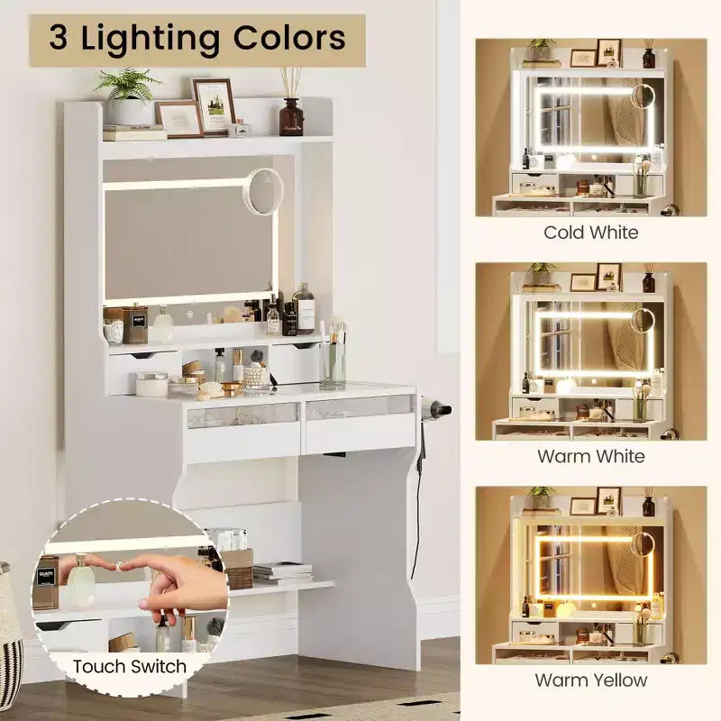 Dresser with Mirror Wooden Dresser - White Modern Vanity with LED Mirror, Power Outlet, 3 Lighting Modes, 4 Storage Drawers for Bedroom