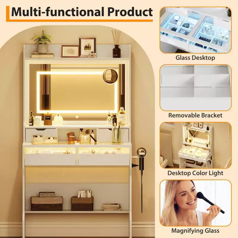 Dresser with Mirror Wooden Dresser - White Modern Vanity with LED Mirror, Power Outlet, 3 Lighting Modes, 4 Storage Drawers for Bedroom