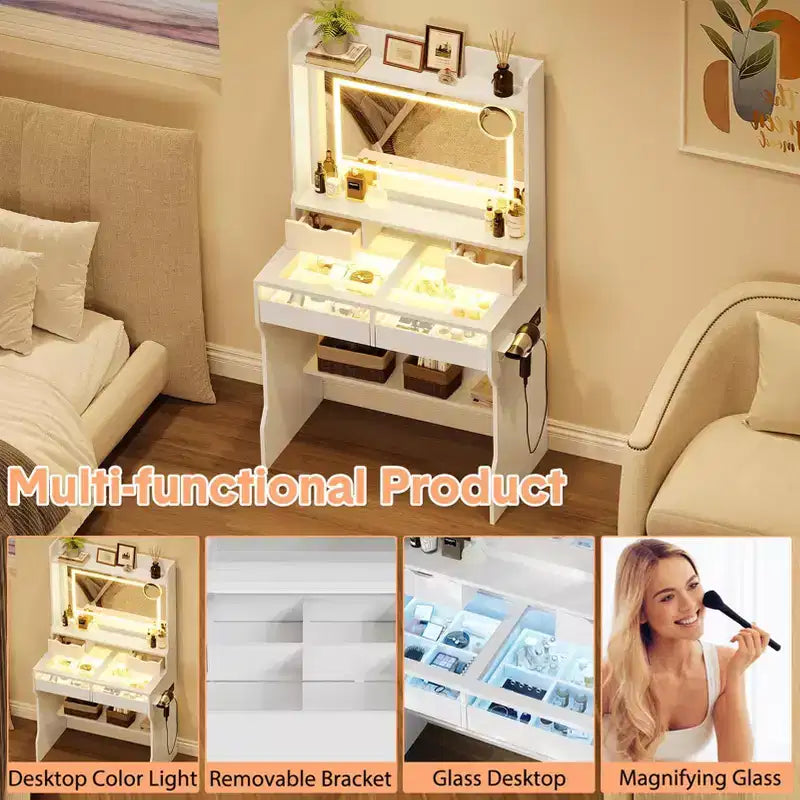 Dresser with Mirror Wooden Dresser - White Modern Vanity with LED Mirror, Power Outlet, 3 Lighting Modes, 4 Storage Drawers for Bedroom