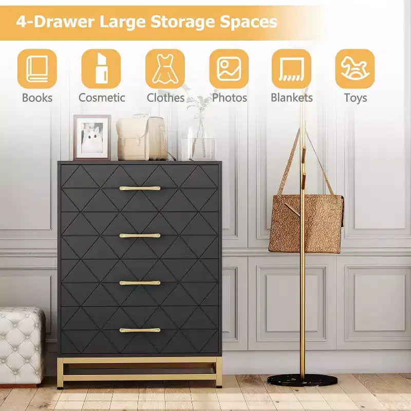 4-Drawer Tall Dresser with Soft-Close Glides & Metal Handles, Modern Storage Organizer for Bedroom & Closet
