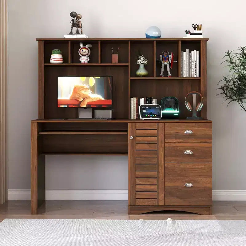 Rustic Home Office Desk with Hutch, 3 Drawers & Open Shelves