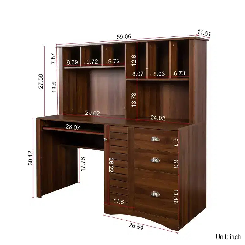 Rustic Home Office Desk with Hutch, 3 Drawers & Open Shelves