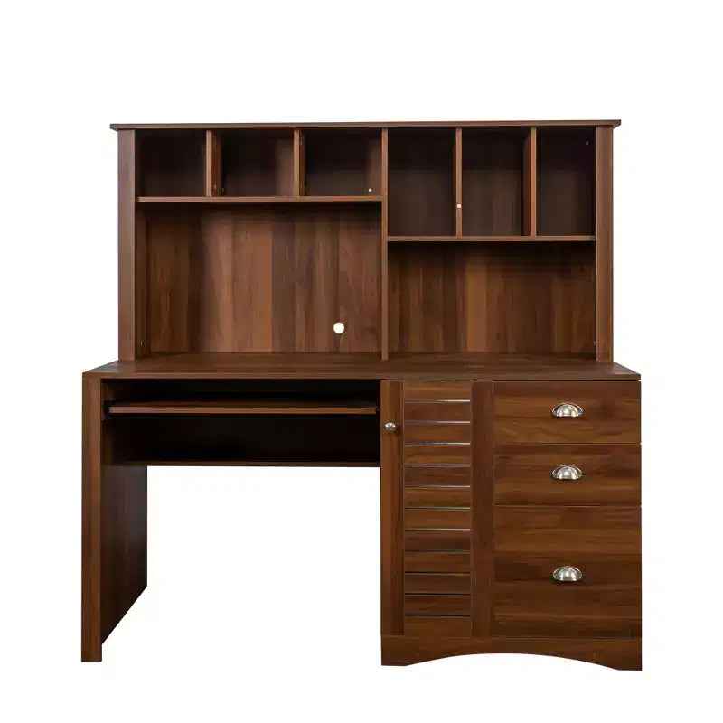 Rustic Home Office Desk with Hutch, 3 Drawers & Open Shelves