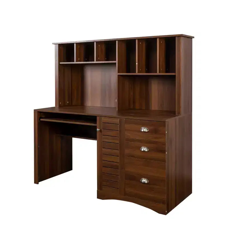 Rustic Home Office Desk with Hutch, 3 Drawers & Open Shelves