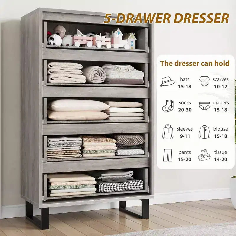 5 Dresser for Bedroom, 51 Tall Dresser, Freestanding Vertical Drawer Cabinet with Storage, Wooden Closet Storage Chest for Living Room, Hallway