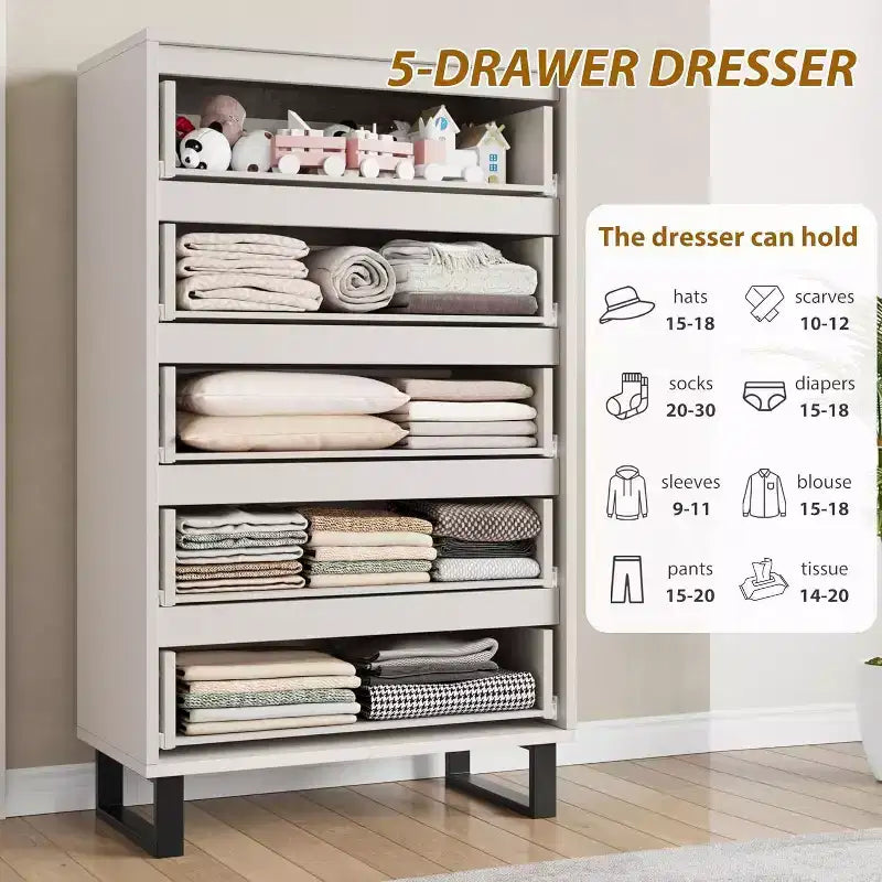 5 Dresser for Bedroom, 51 Tall Dresser, Freestanding Vertical Drawer Cabinet with Storage, Wooden Closet Storage Chest for Living Room, Hallway