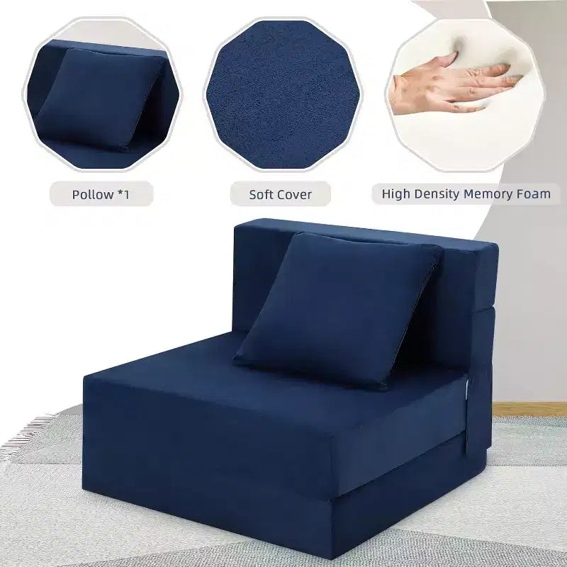 Folding Memory Foam Sofa Mattress, Convertible Sleeper Chair with Pillow, Linen Futon Floor Couch, Single Size