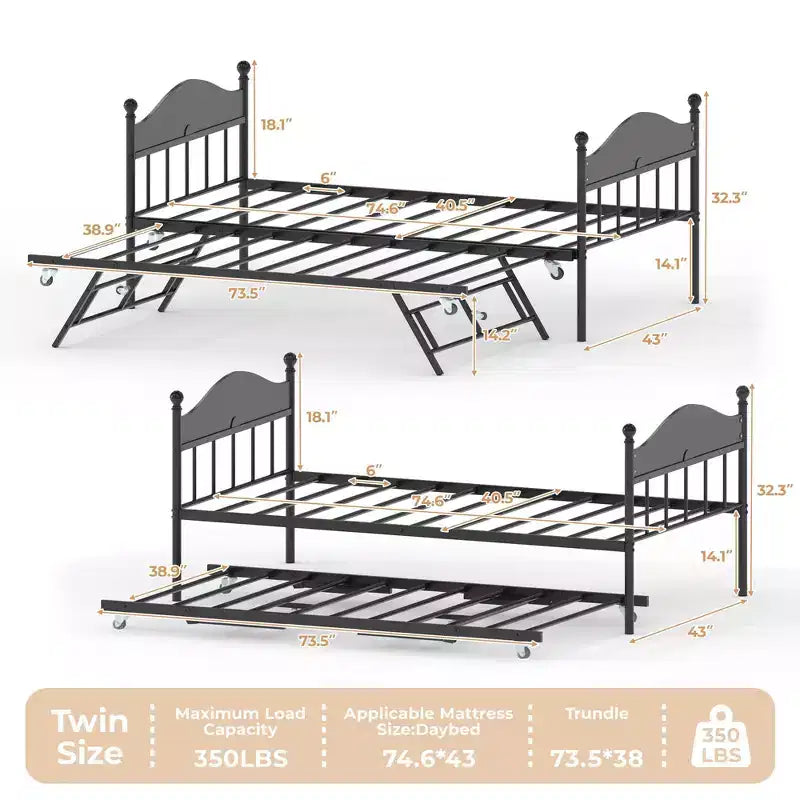 Twin Size Daybed, Heavy Duty Metal Sofa Bed Frame with Headboards, Steel Slats Support