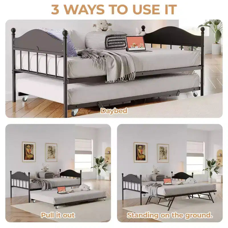 Twin Size Daybed, Heavy Duty Metal Sofa Bed Frame with Headboards, Steel Slats Support