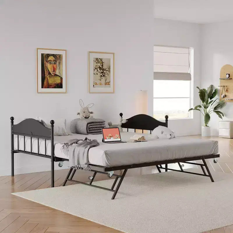 Twin Size Daybed, Heavy Duty Metal Sofa Bed Frame with Headboards, Steel Slats Support