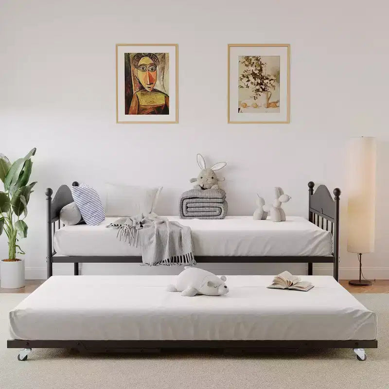 Twin Size Daybed, Heavy Duty Metal Sofa Bed Frame with Headboards, Steel Slats Support