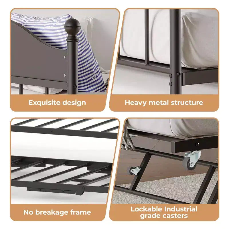 Twin Size Daybed, Heavy Duty Metal Sofa Bed Frame with Headboards, Steel Slats Support
