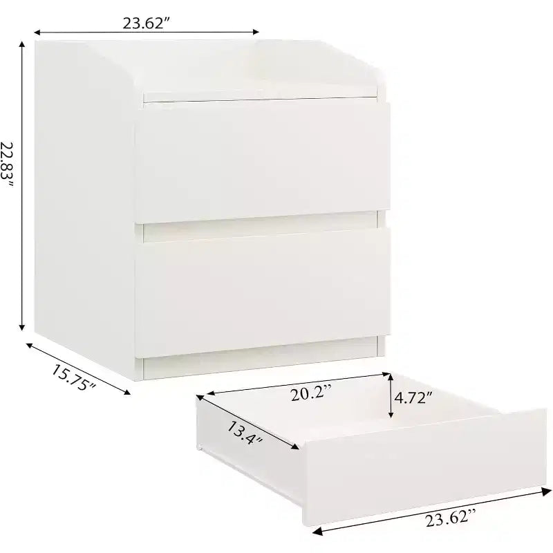Modern White 2-Drawer Nightstand, Handle-Free Curved Design