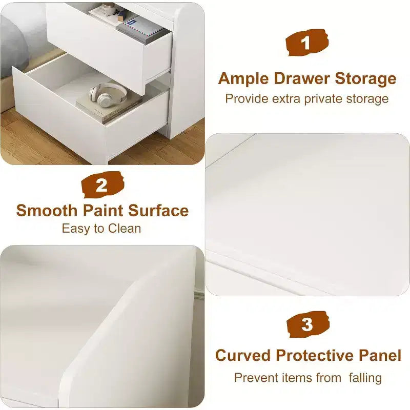 Modern White 2-Drawer Nightstand, Handle-Free Curved Design