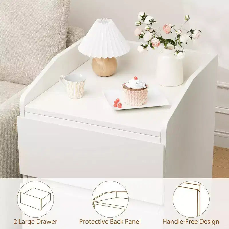 Modern White 2-Drawer Nightstand, Handle-Free Curved Design