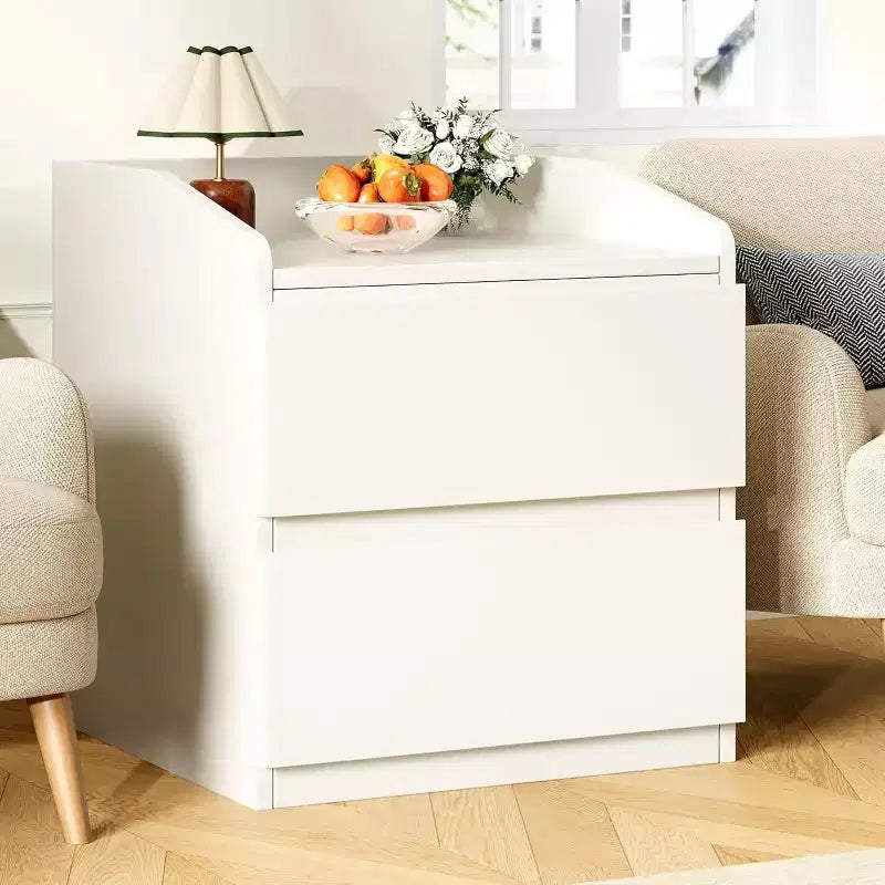 Modern White 2-Drawer Nightstand, Handle-Free Curved Design