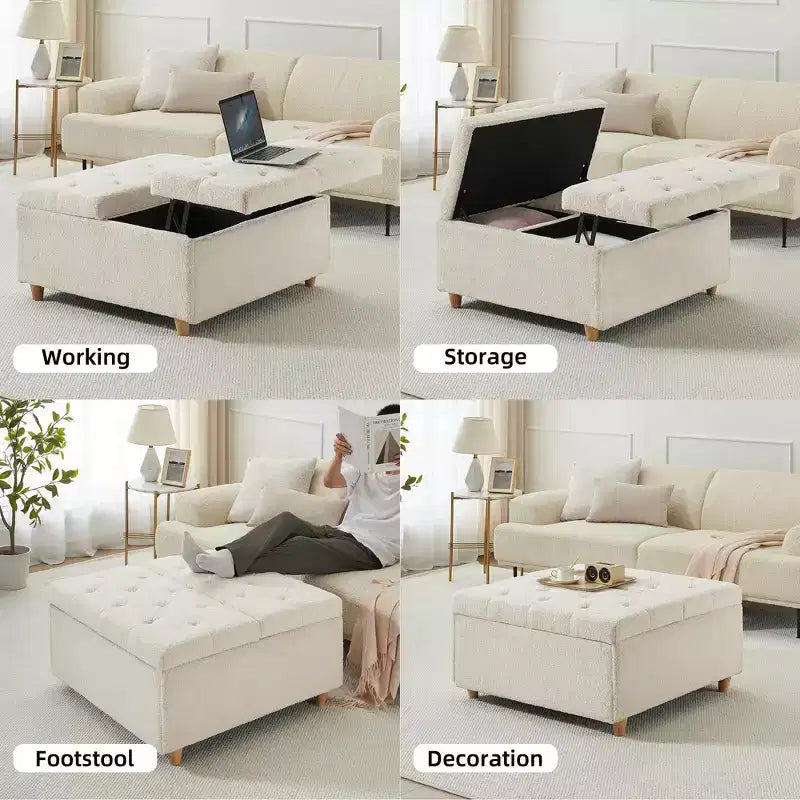 Leather Storage Ottoman Coffee Table with Lift Top, Faux Leather Tufted Upholstered Ottoman Bench for Bedroom Living Room