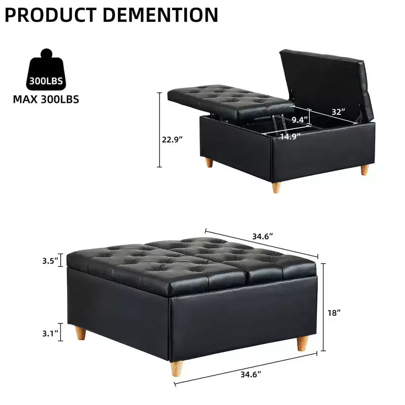 Leather Storage Ottoman Coffee Table with Lift Top, Faux Leather Tufted Upholstered Ottoman Bench for Bedroom Living Room