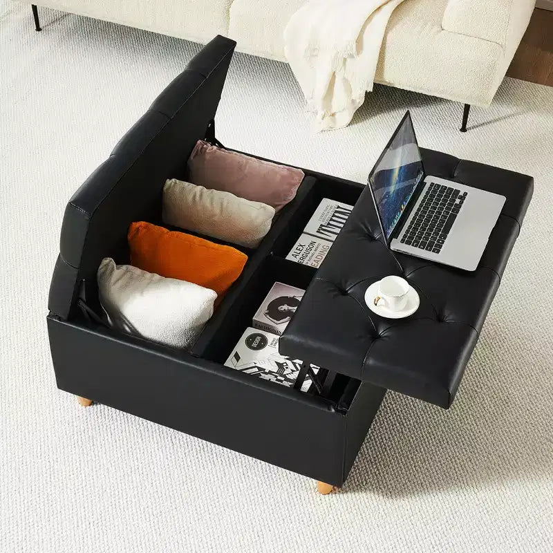 Leather Storage Ottoman Coffee Table with Lift Top, Faux Leather Tufted Upholstered Ottoman Bench for Bedroom Living Room