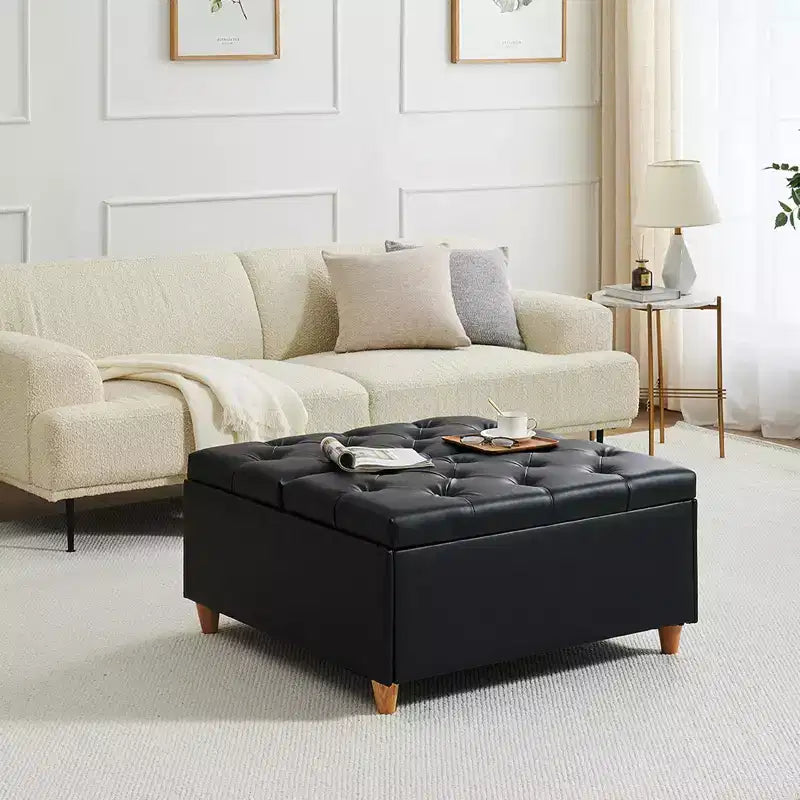 Leather Storage Ottoman Coffee Table with Lift Top, Faux Leather Tufted Upholstered Ottoman Bench for Bedroom Living Room