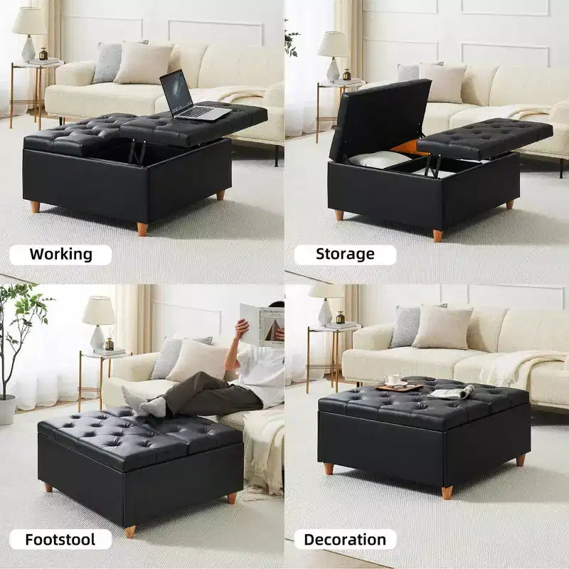 Leather Storage Ottoman Coffee Table with Lift Top, Faux Leather Tufted Upholstered Ottoman Bench for Bedroom Living Room