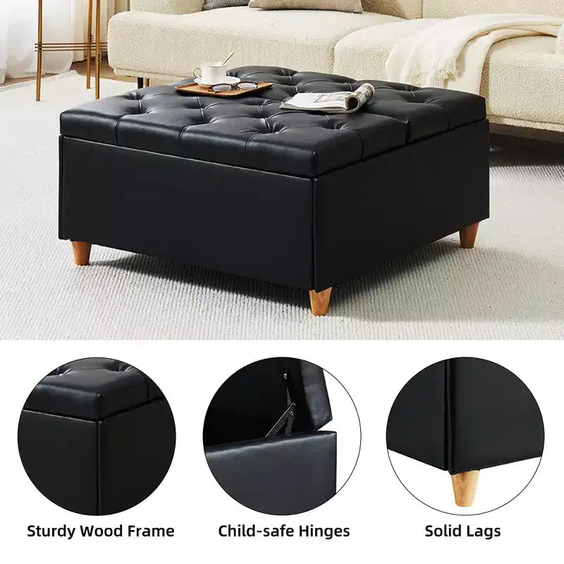 Leather Storage Ottoman Coffee Table with Lift Top, Faux Leather Tufted Upholstered Ottoman Bench for Bedroom Living Room