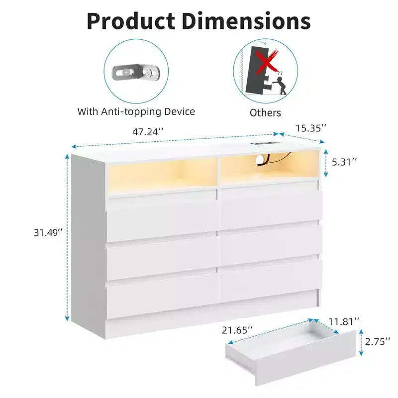 6 Drawer Dresser with Charging Station and LED Lights, Modern Chest of Drawers with Power Outlet