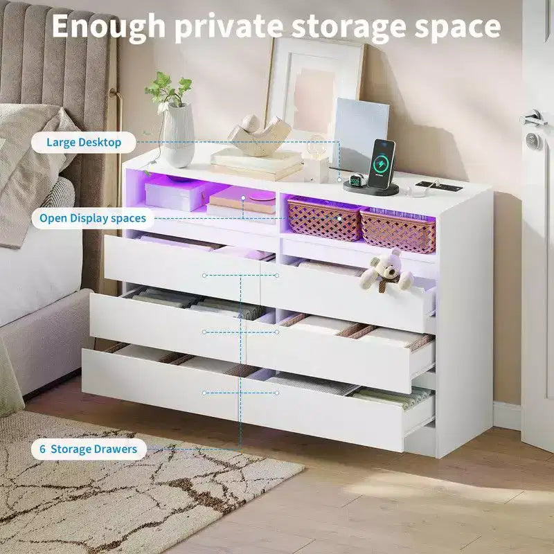 6 Drawer Dresser with Charging Station and LED Lights, Modern Chest of Drawers with Power Outlet