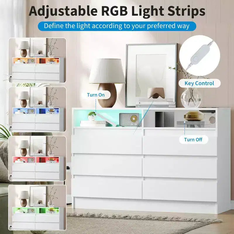 6 Drawer Dresser with Charging Station and LED Lights, Modern Chest of Drawers with Power Outlet