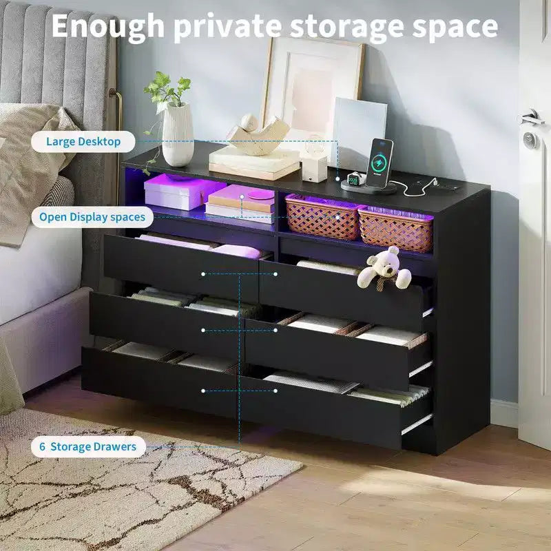 6 Drawer Dresser with Charging Station and LED Lights, Modern Chest of Drawers with Power Outlet