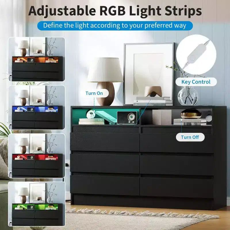 6 Drawer Dresser with Charging Station and LED Lights, Modern Chest of Drawers with Power Outlet