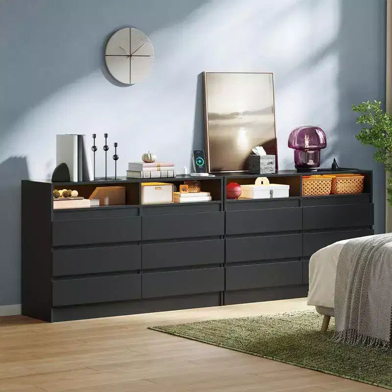 6 Drawer Dresser with Charging Station and LED Lights, Modern Chest of Drawers with Power Outlet