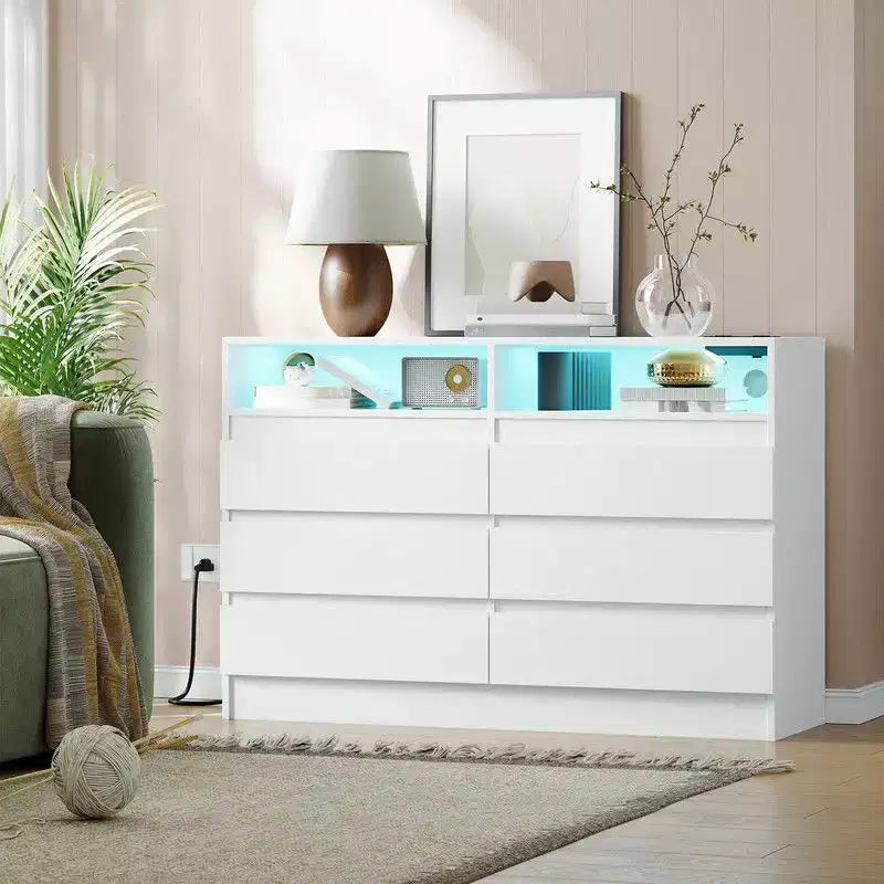 6 Drawer Dresser with Charging Station and LED Lights, Modern Chest of Drawers with Power Outlet