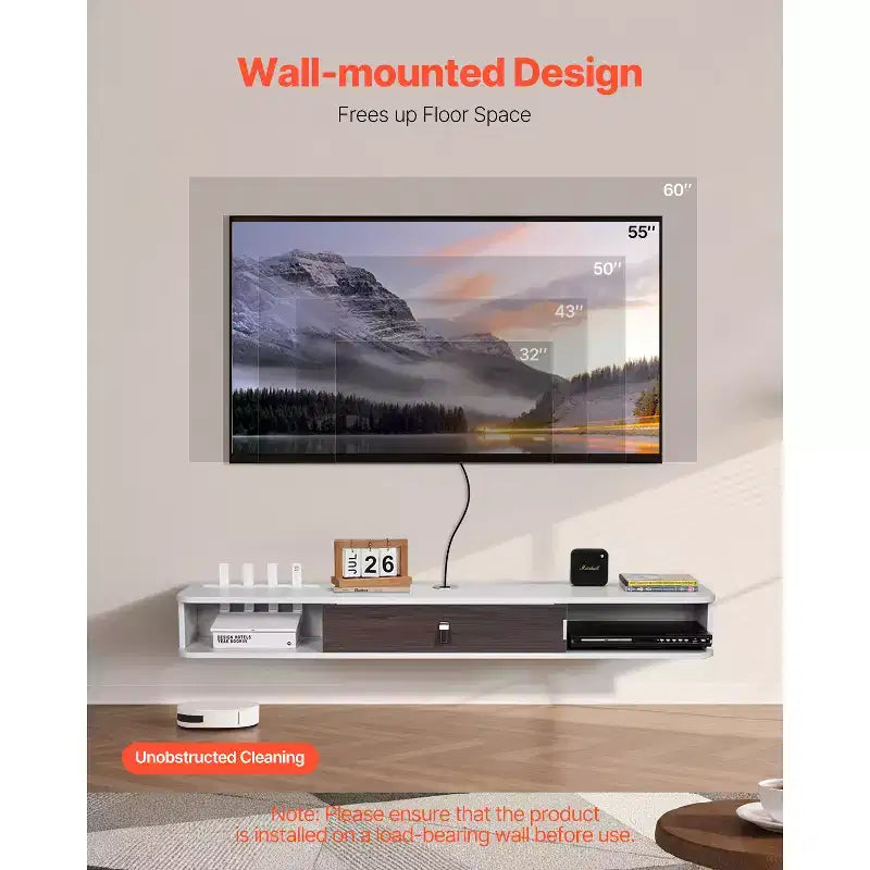 55-Inch Wall Mount Floating TV Stand with Storage Cabinet, White
