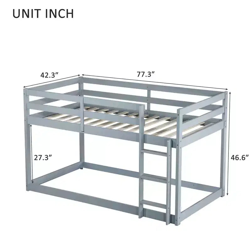 Twin Over Twin Floor Bunk Bed with Ladder & Strengthened Slats, Modern Rubber Wood Frame for Kids Room