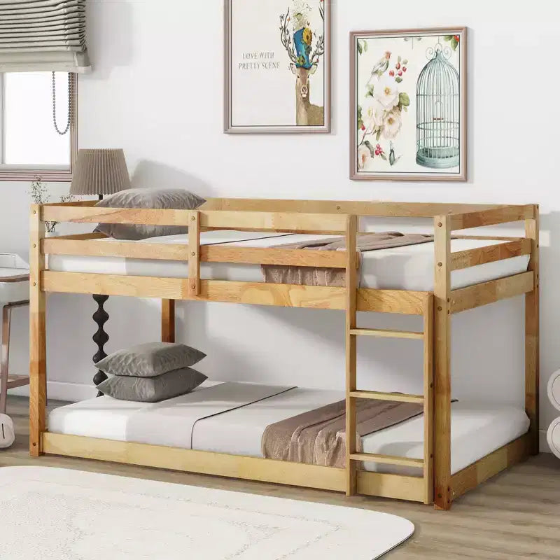 Twin Over Twin Floor Bunk Bed with Ladder & Strengthened Slats, Modern Rubber Wood Frame for Kids Room