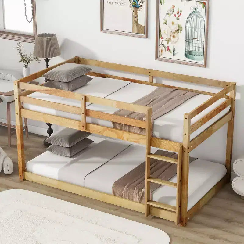Twin Over Twin Floor Bunk Bed with Ladder & Strengthened Slats, Modern Rubber Wood Frame for Kids Room