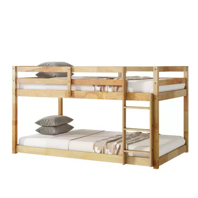 Twin Over Twin Floor Bunk Bed with Ladder & Strengthened Slats, Modern Rubber Wood Frame for Kids Room
